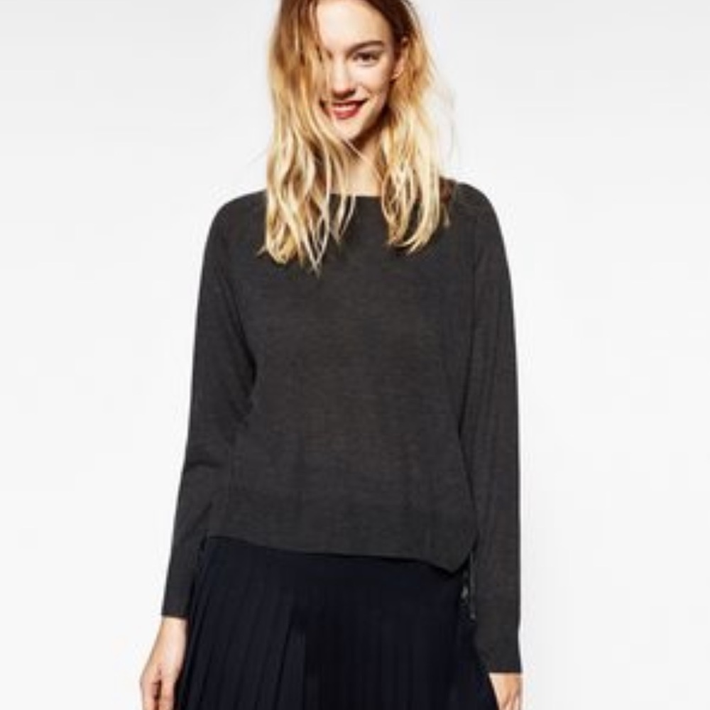 Zara Grey Knit Slit Side Ruffle Sweater Size M
